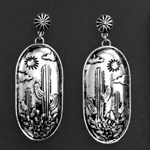 Western Silver Oval Cactus Earrings New